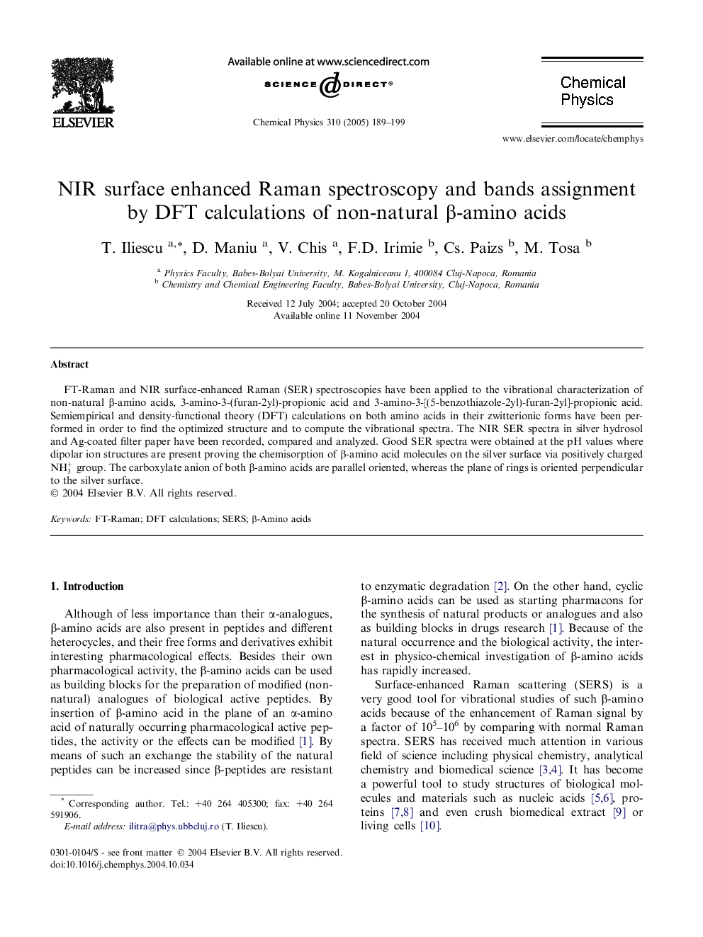 NIR surface enhanced Raman spectroscopy and bands assignment by DFT calculations of non-natural Î²-amino acids