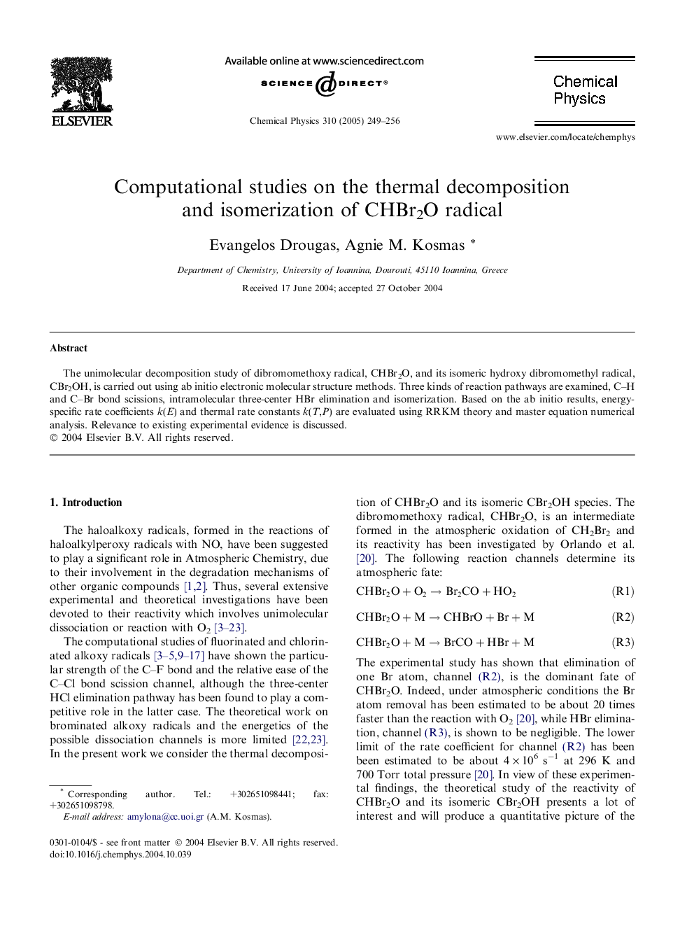 Computational studies on the thermal decomposition and isomerization of CHBr2O radical