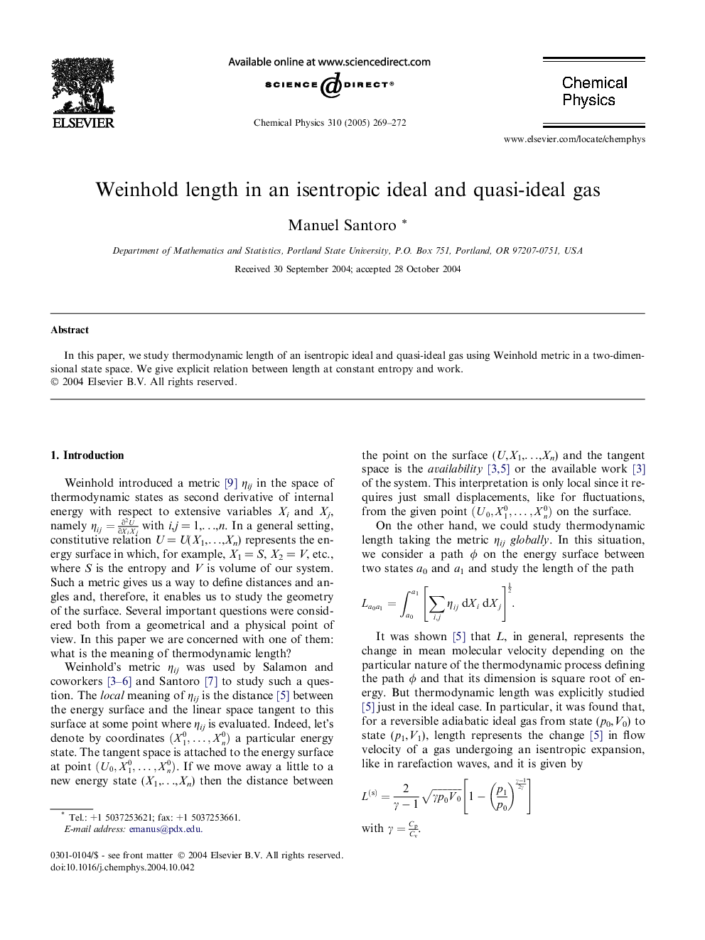 عکس صفحه اول مقاله: Weinhold length in an isentropic ideal and quasi-ideal gas Weinhold length in an isentropic ideal and quasi-ideal gas