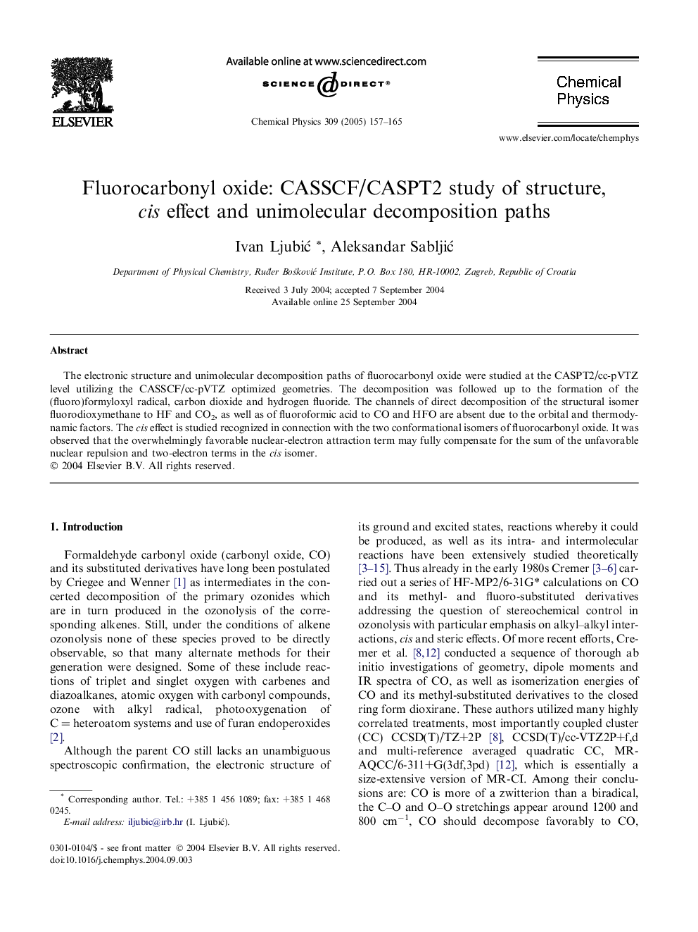 Fluorocarbonyl oxide: CASSCF/CASPT2 study of structure, cis effect and unimolecular decomposition paths