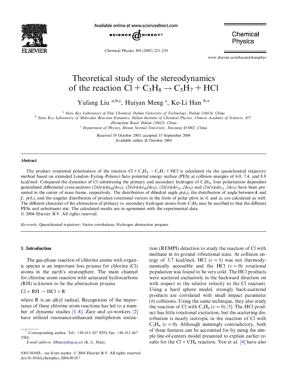 عکس صفحه اول مقاله: Theoretical study of the stereodynamics of the reaction Cl + C3H8 â C3H7 + HCl Theoretical study of the stereodynamics of the reaction Cl + C3H8 â C3H7 + HCl