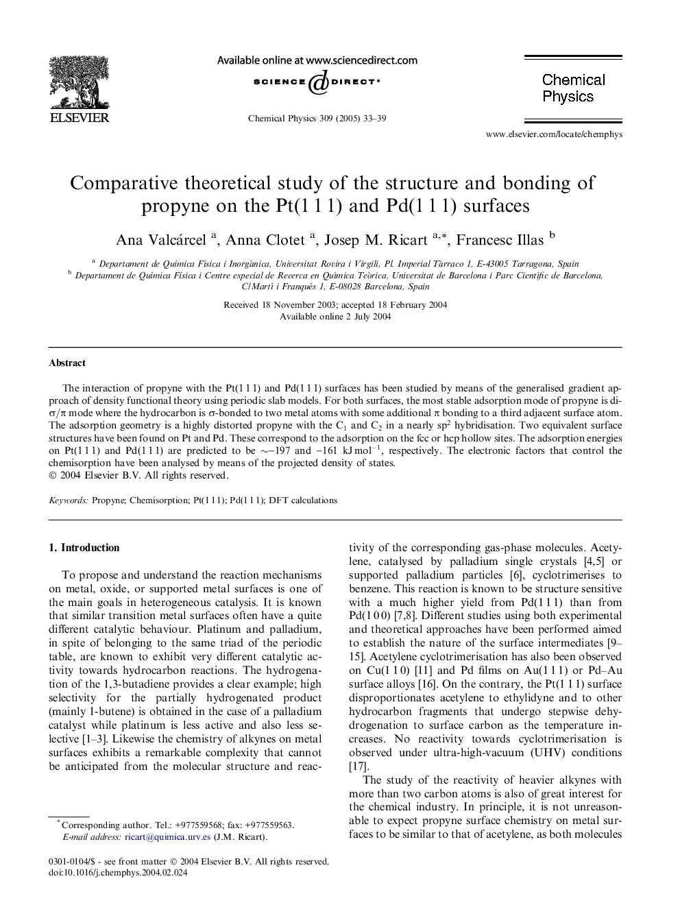 Comparative theoretical study of the structure and bonding of propyne on the Pt(1Â 1Â 1) and Pd(1Â 1Â 1) surfaces