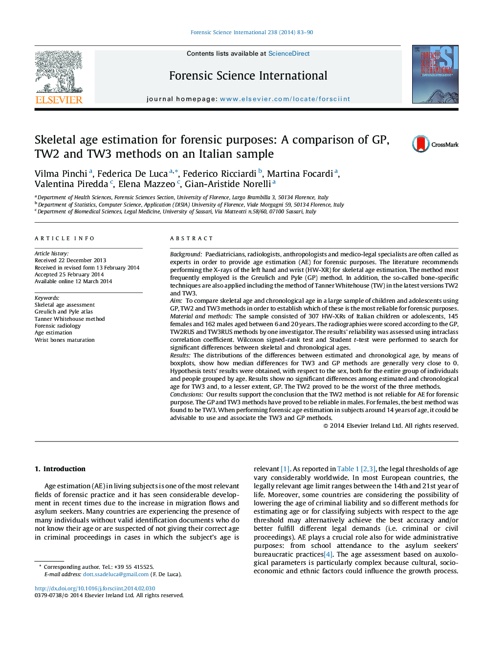 Skeletal age estimation for forensic purposes: A comparison of GP, TW2 and TW3 methods on an Italian sample