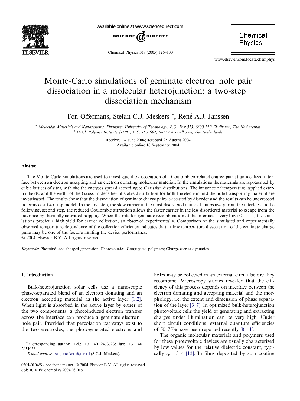 Monte-Carlo simulations of geminate electron-hole pair dissociation in a molecular heterojunction: a two-step dissociation mechanism