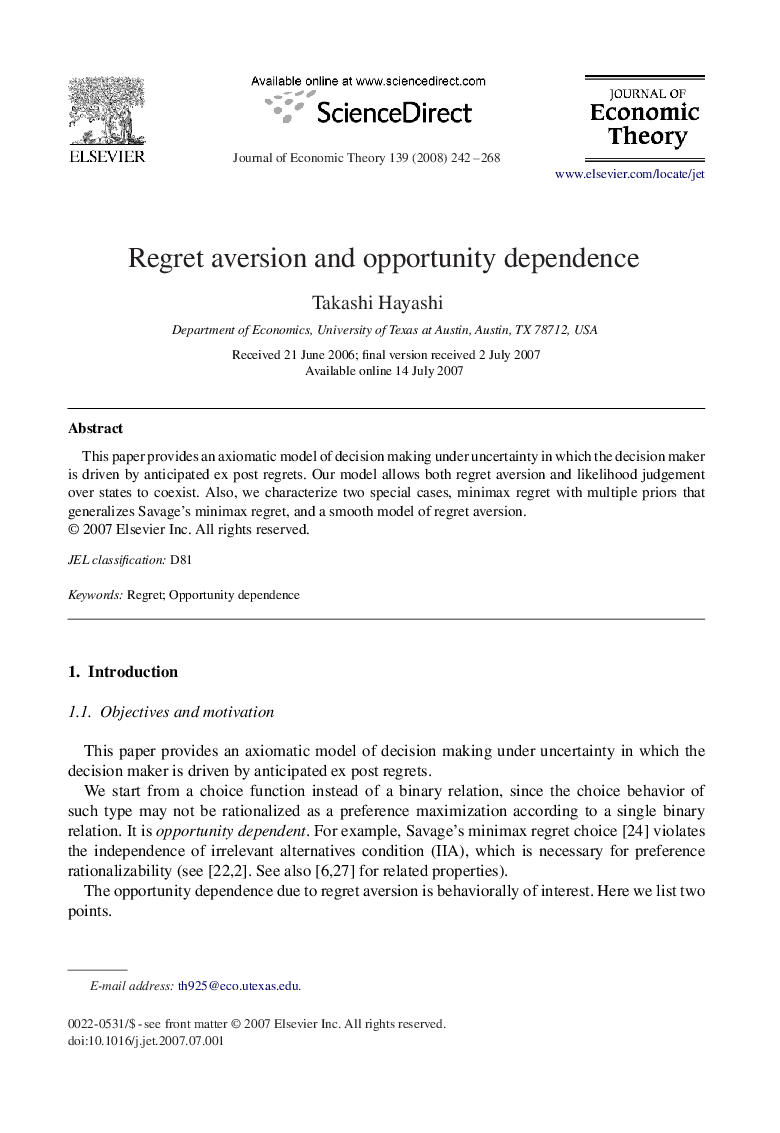 Regret aversion and opportunity dependence