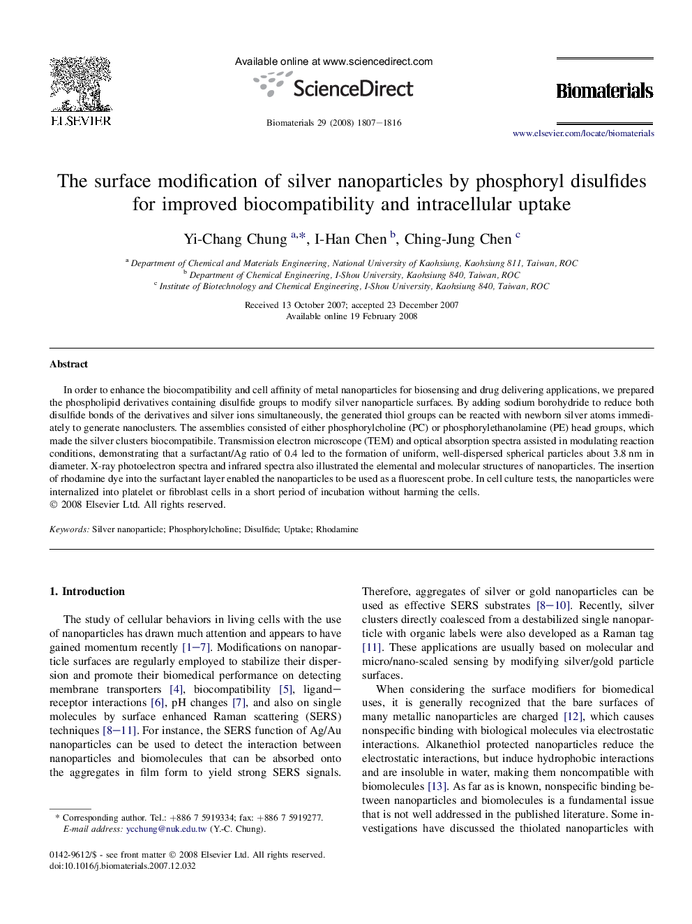 The surface modification of silver nanoparticles by phosphoryl disulfides for improved biocompatibility and intracellular uptake