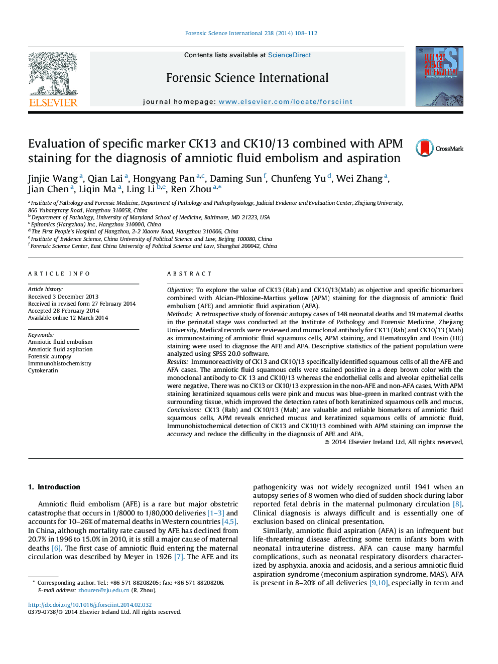 Evaluation of specific marker CK13 and CK10/13 combined with APM staining for the diagnosis of amniotic fluid embolism and aspiration