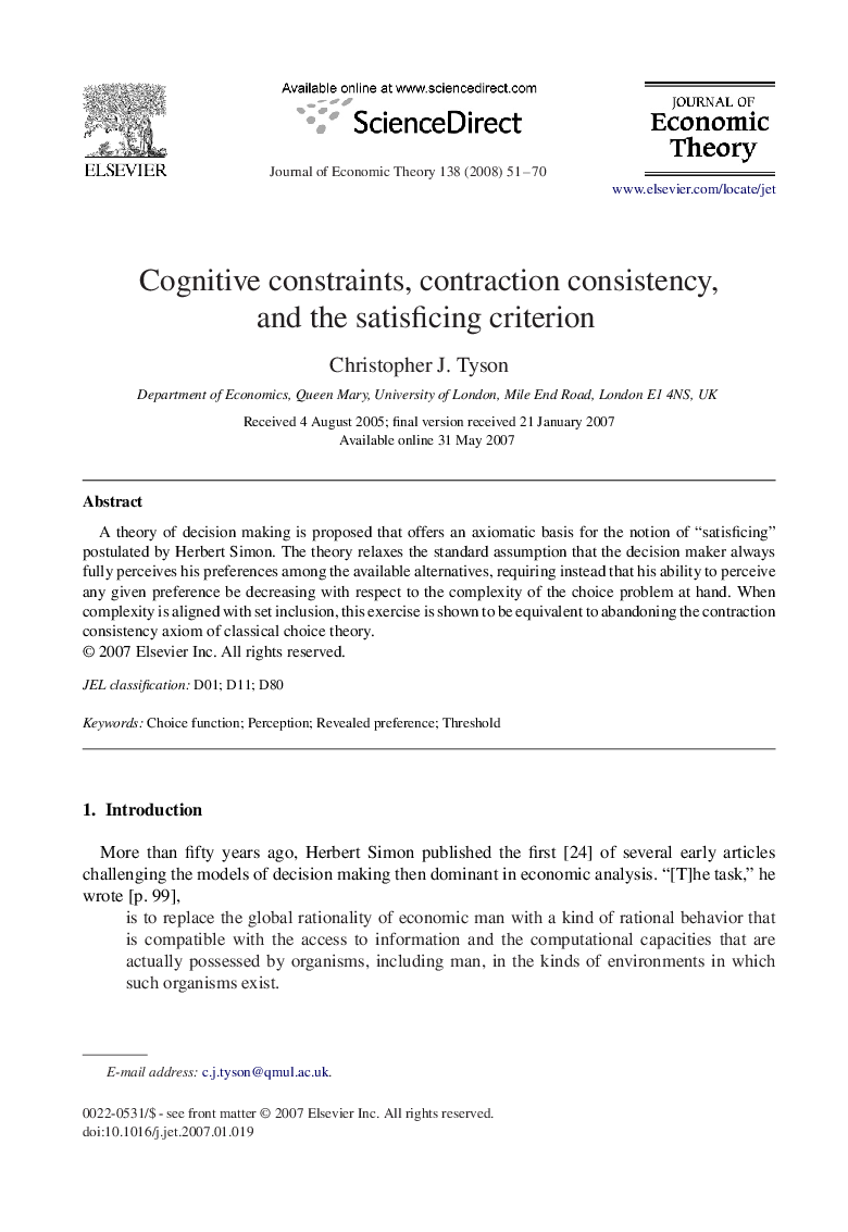 Cognitive constraints, contraction consistency, and the satisficing criterion