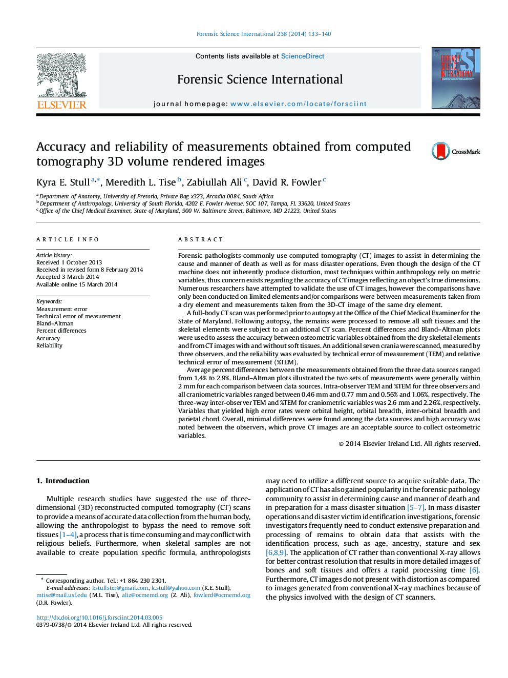 Accuracy and reliability of measurements obtained from computed tomography 3D volume rendered images