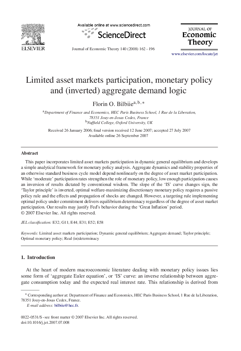 Limited asset markets participation, monetary policy and (inverted) aggregate demand logic