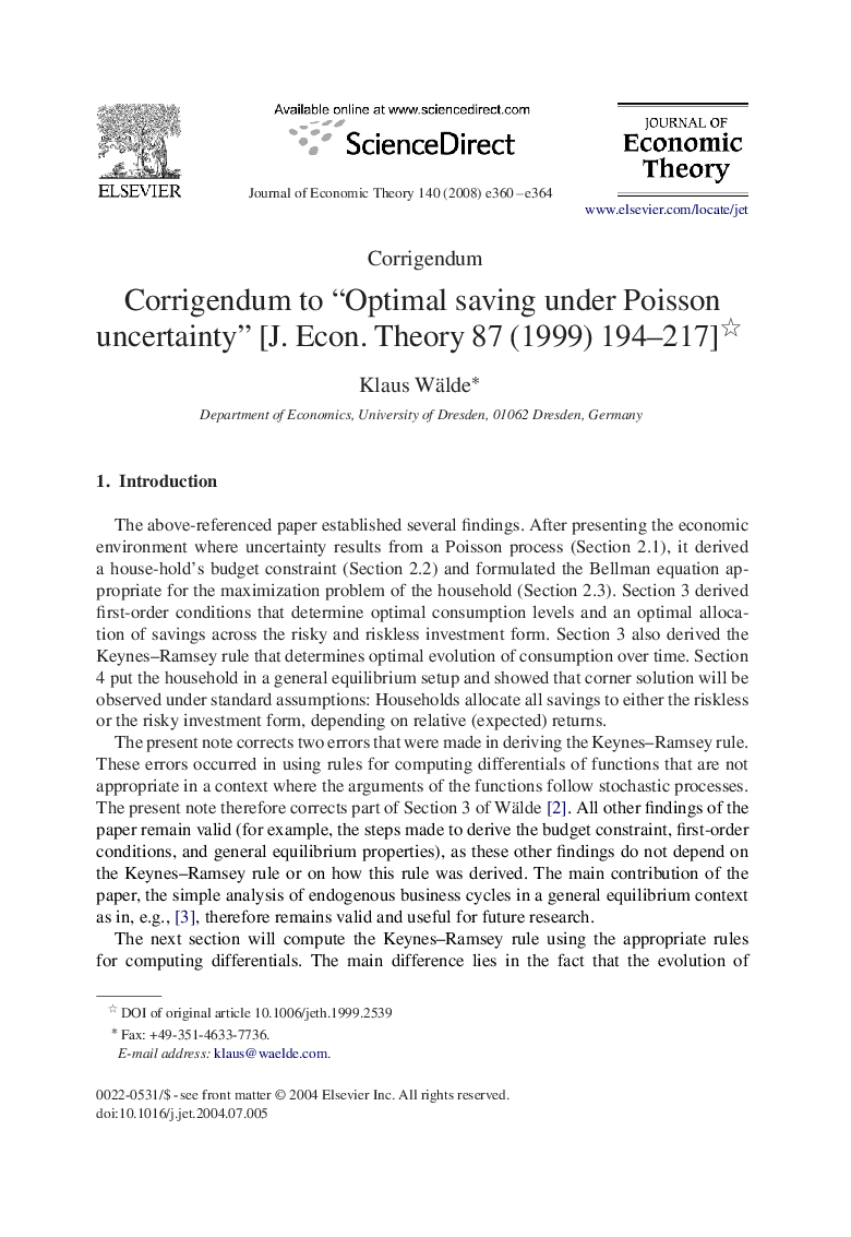 Corrigendum to “Optimal saving under Poisson uncertainty” [J. Econ. Theory 87 (1999) 194-217]