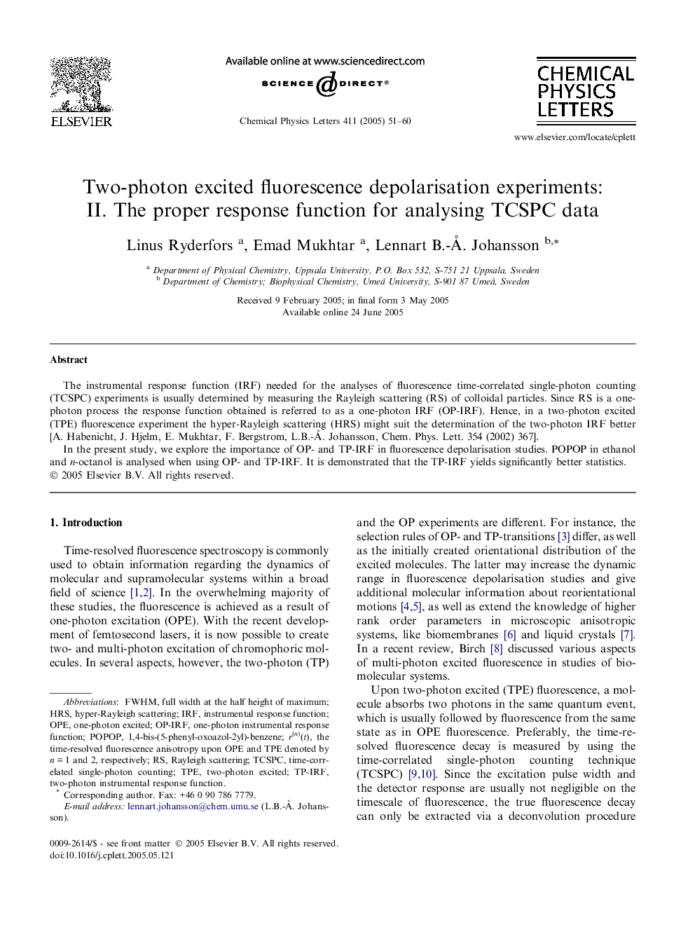 Two-photon excited fluorescence depolarisation experiments: II. The proper response function for analysing TCSPC data