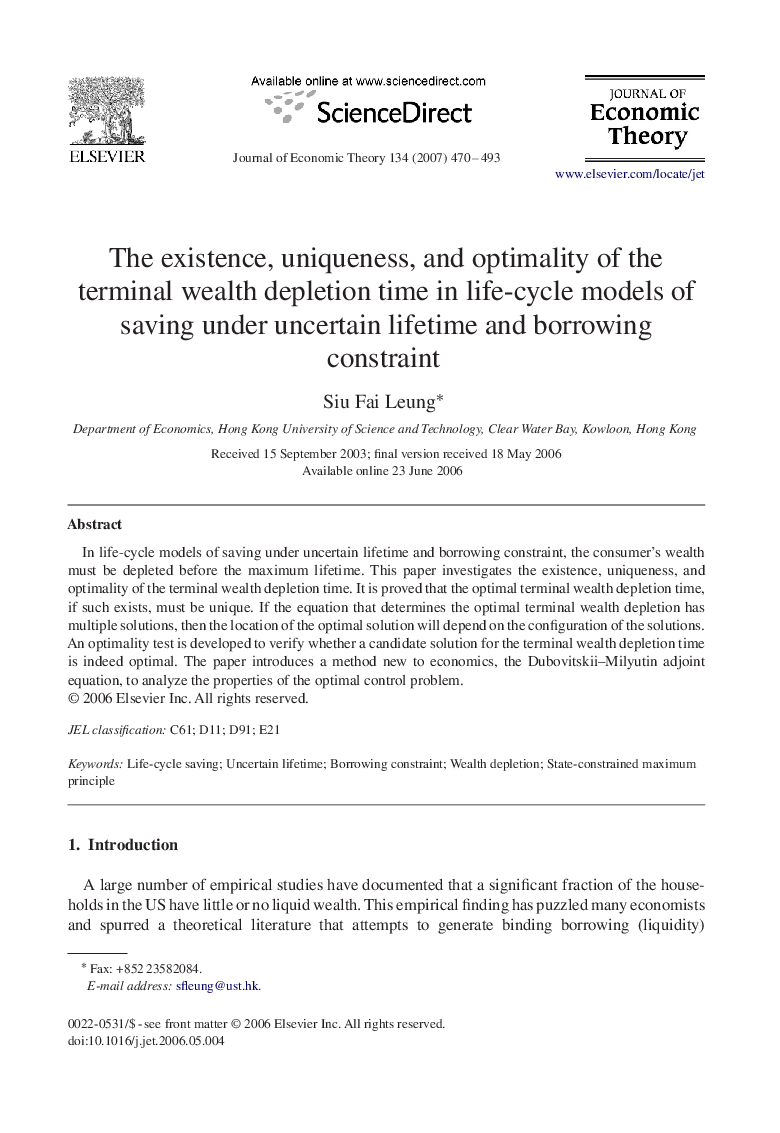 The existence, uniqueness, and optimality of the terminal wealth depletion time in life-cycle models of saving under uncertain lifetime and borrowing constraint