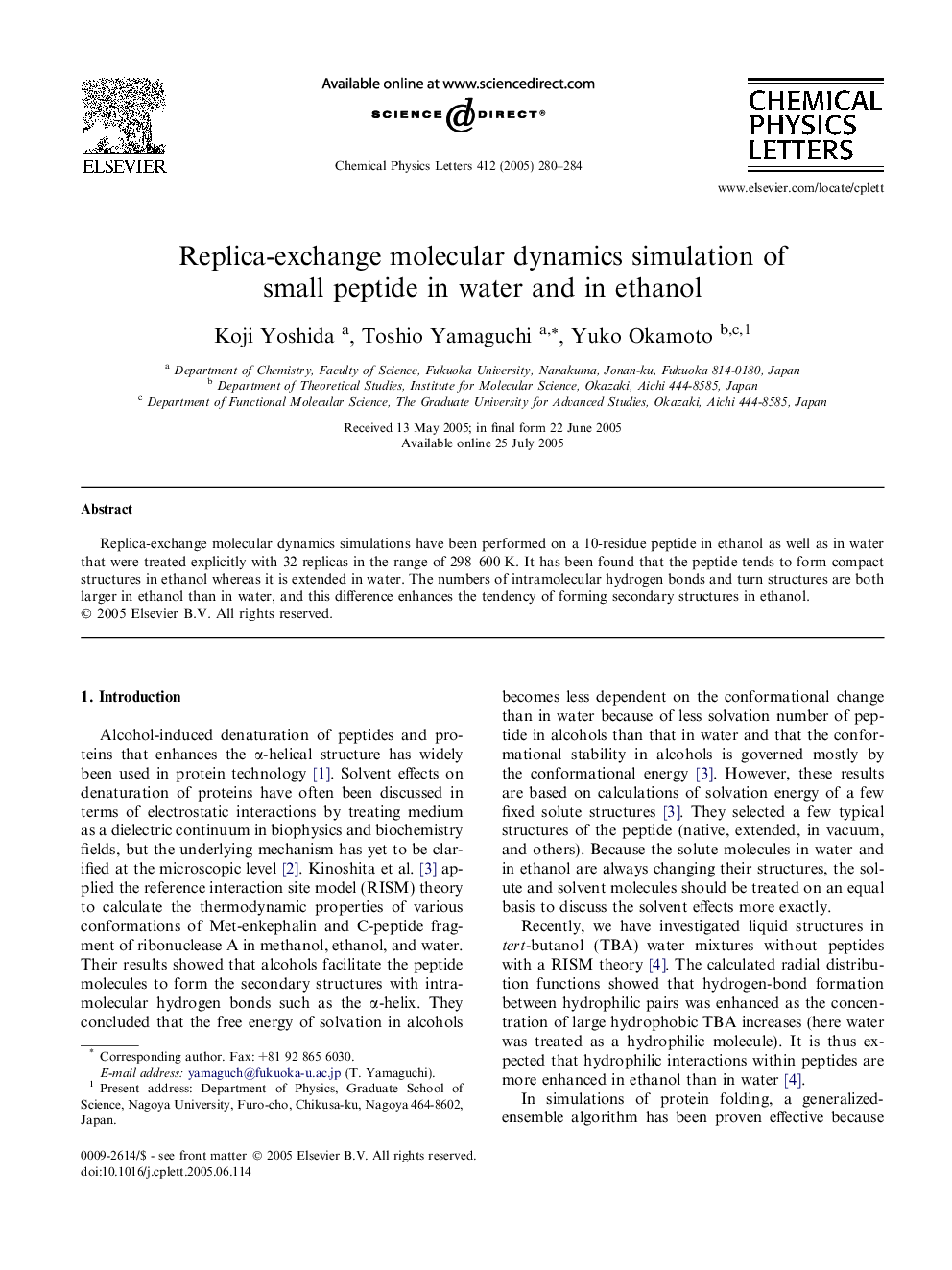 عکس صفحه اول مقاله: Replica-exchange molecular dynamics simulation of small peptide in water and in ethanol Replica-exchange molecular dynamics simulation of small peptide in water and in ethanol
