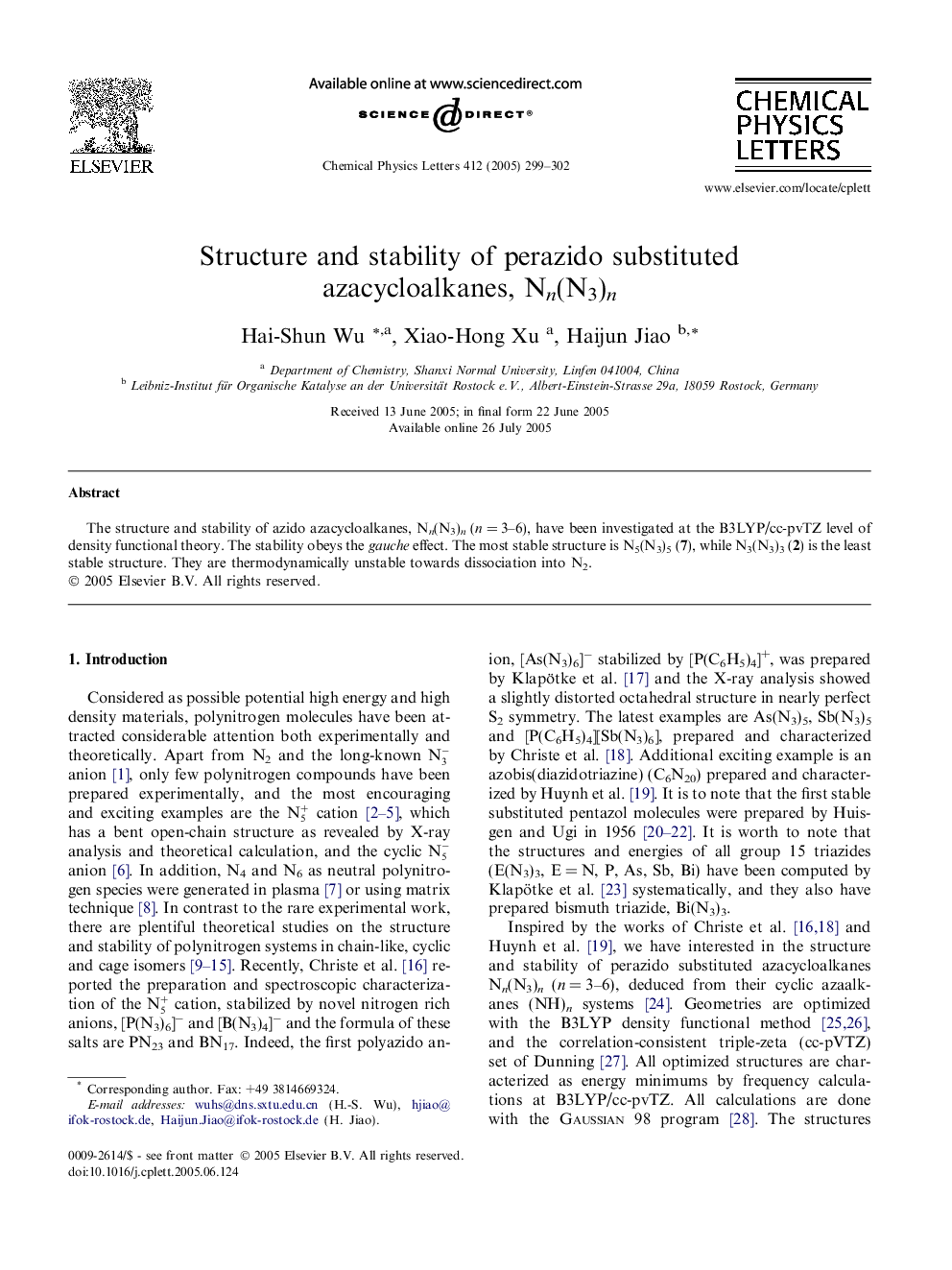 Structure and stability of perazido substituted azacycloalkanes, Nn(N3)n