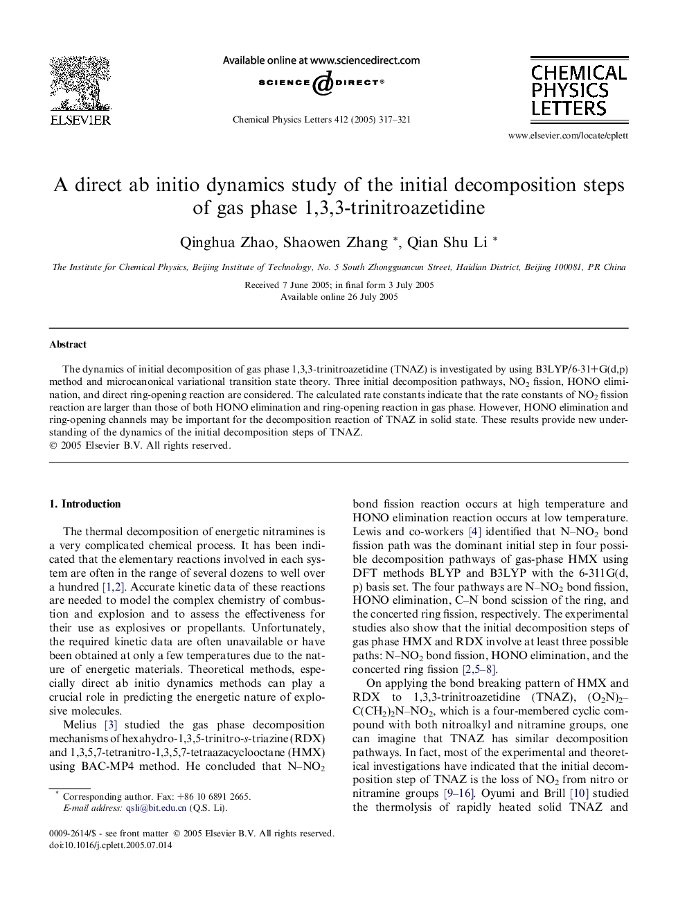 عکس صفحه اول مقاله: A direct ab initio dynamics study of the initial decomposition steps of gas phase 1,3,3-trinitroazetidine A direct ab initio dynamics study of the initial decomposition steps of gas phase 1,3,3-trinitroazetidine
