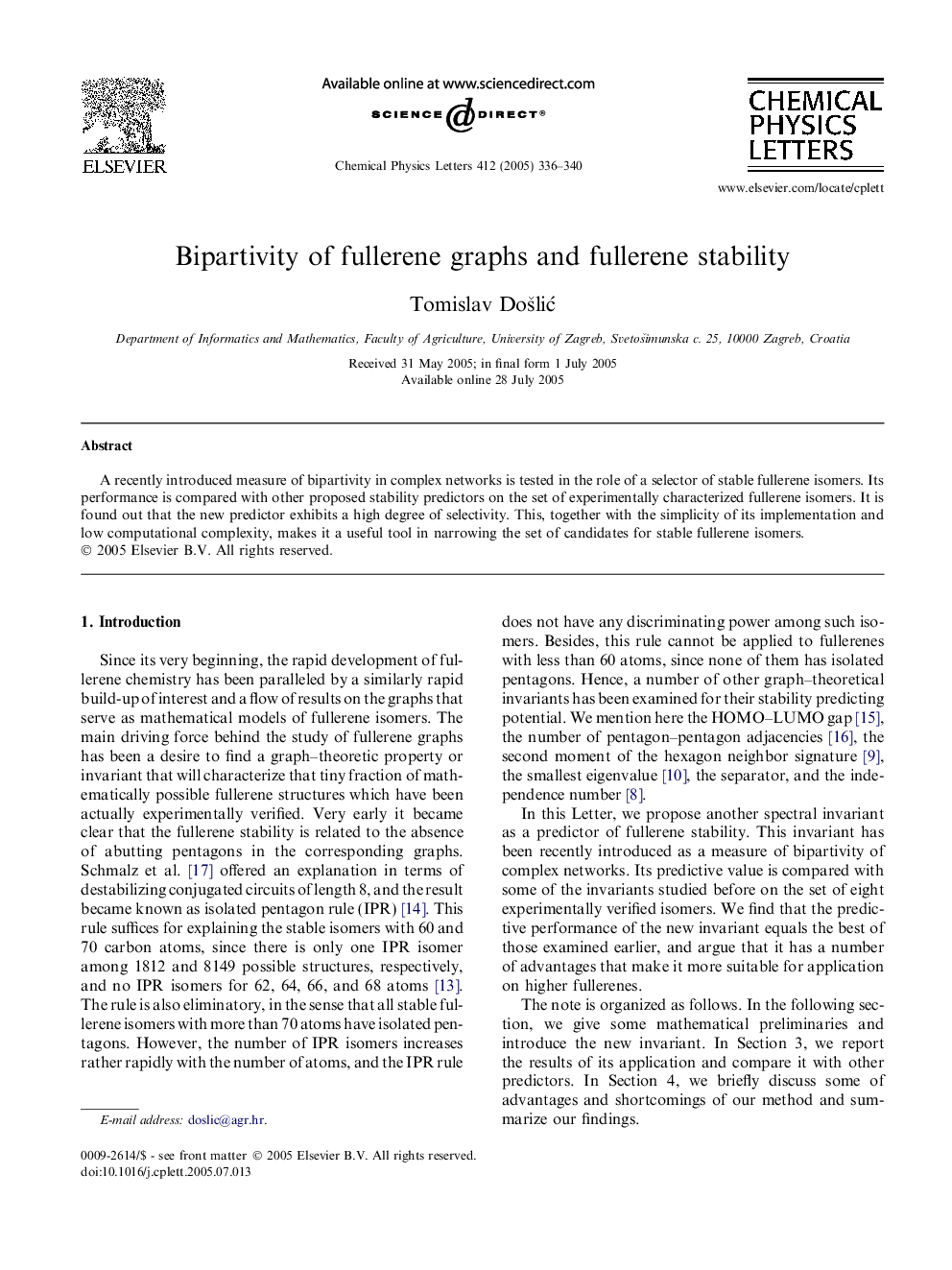 عکس صفحه اول مقاله: Bipartivity of fullerene graphs and fullerene stability Bipartivity of fullerene graphs and fullerene stability