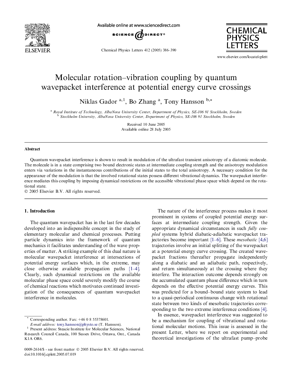 عکس صفحه اول مقاله: Molecular rotation-vibration coupling by quantum wavepacket interference at potential energy curve crossings Molecular rotation-vibration coupling by quantum wavepacket interference at potential energy curve crossings