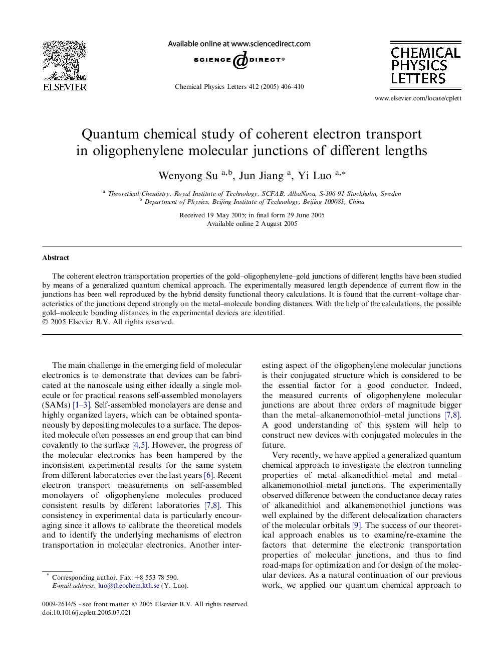 عکس صفحه اول مقاله: Quantum chemical study of coherent electron transport in oligophenylene molecular junctions of different lengths Quantum chemical study of coherent electron transport in oligophenylene molecular junctions of different lengths