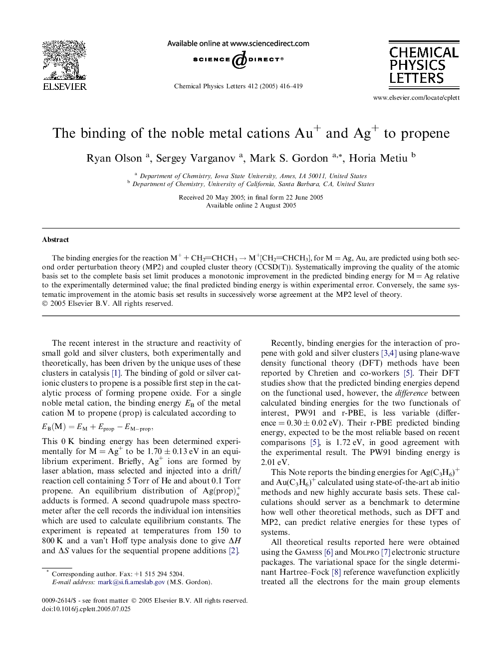 The binding of the noble metal cations Au+ and Ag+ to propene
