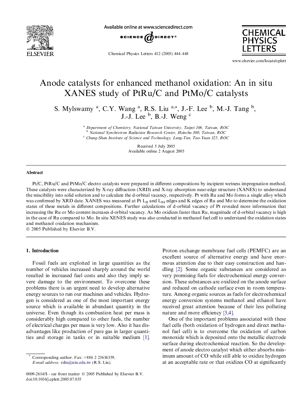 عکس صفحه اول مقاله: Anode catalysts for enhanced methanol oxidation: An in situ XANES study of PtRu/C and PtMo/C catalysts Anode catalysts for enhanced methanol oxidation: An in situ XANES study of PtRu/C and PtMo/C catalysts