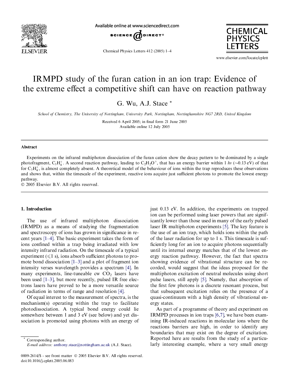 عکس صفحه اول مقاله: IRMPD study of the furan cation in an ion trap: Evidence of the extreme effect a competitive shift can have on reaction pathway IRMPD study of the furan cation in an ion trap: Evidence of the extreme effect a competitive shift can have on reaction pathway