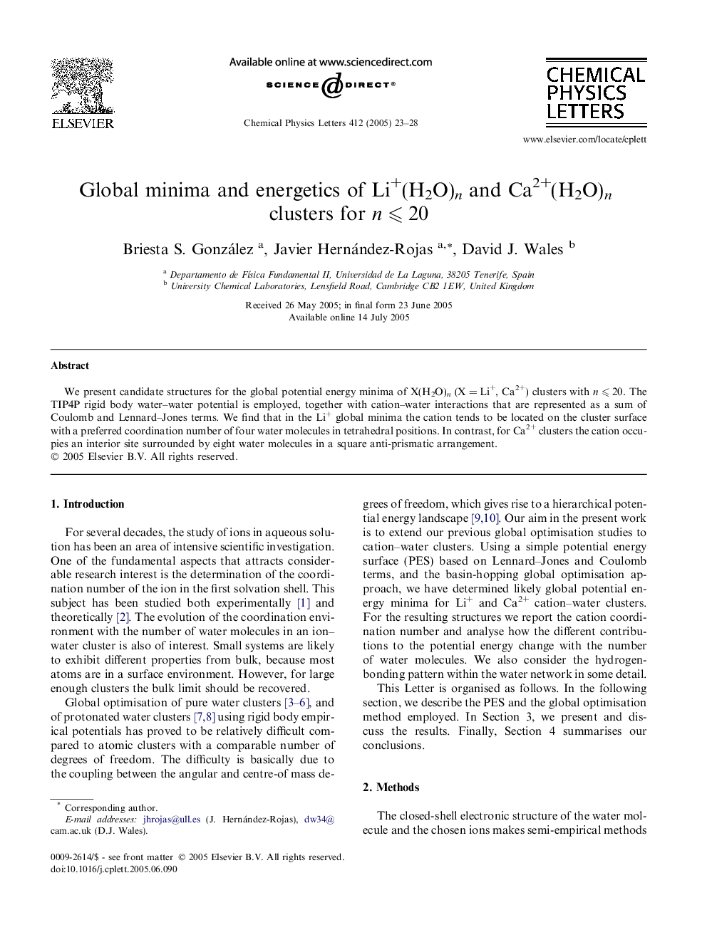 عکس صفحه اول مقاله: Global minima and energetics of Li+(H2O)n and Ca2+(H2O)n clusters for n ⩽ 20 Global minima and energetics of Li+(H2O)n and Ca2+(H2O)n clusters for n ⩽ 20