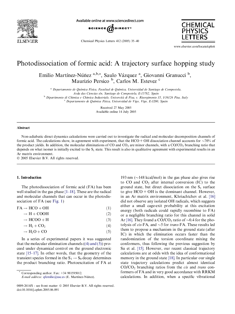 عکس صفحه اول مقاله: Photodissociation of formic acid: A trajectory surface hopping study Photodissociation of formic acid: A trajectory surface hopping study