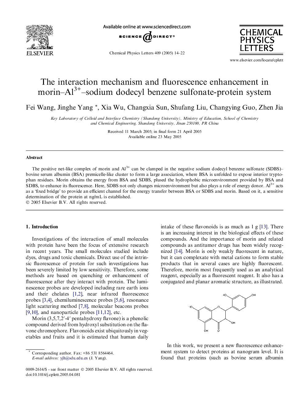 The interaction mechanism and fluorescence enhancement in morin-Al3+-sodium dodecyl benzene sulfonate-protein system