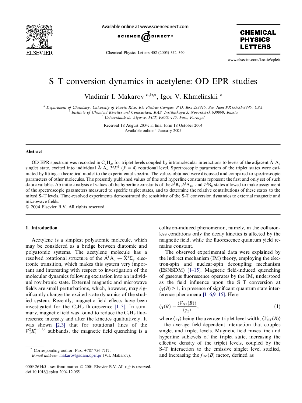 S-T conversion dynamics in acetylene: OD EPR studies