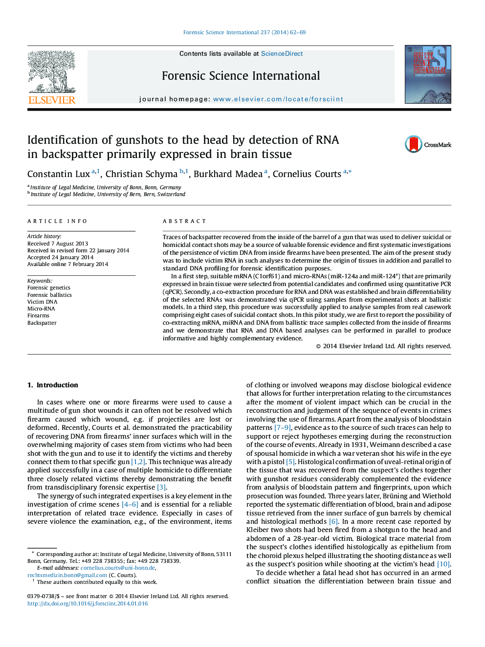 Identification of gunshots to the head by detection of RNA in backspatter primarily expressed in brain tissue