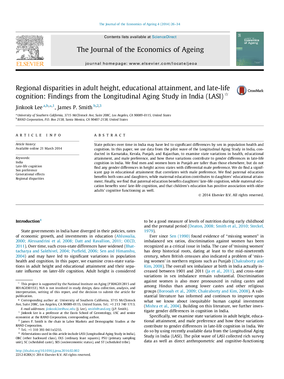 Regional disparities in adult height, educational attainment, and late-life cognition: Findings from the Longitudinal Aging Study in India (LASI) 