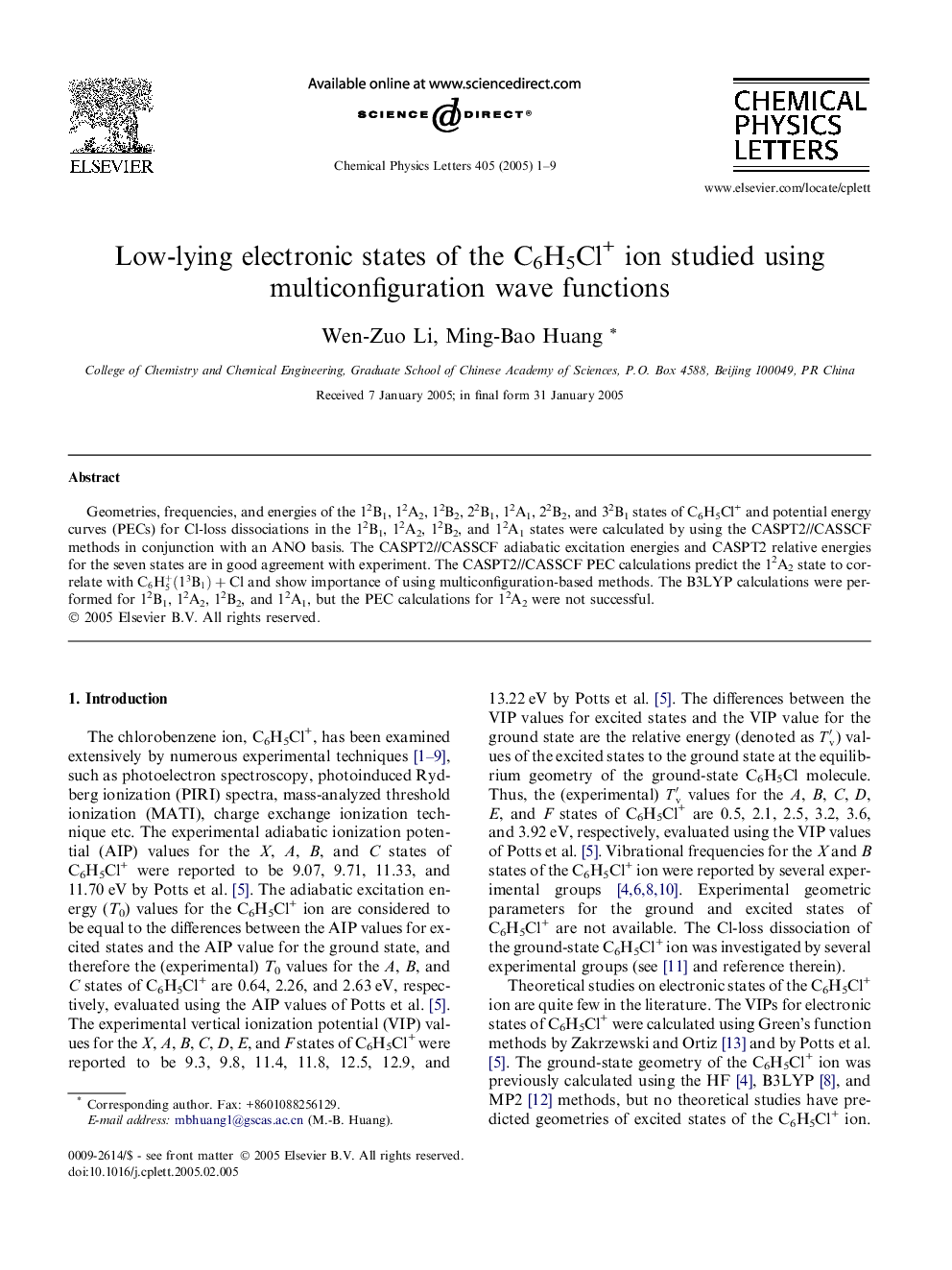 Low-lying electronic states of the C6H5Cl+ ion studied using multiconfiguration wave functions