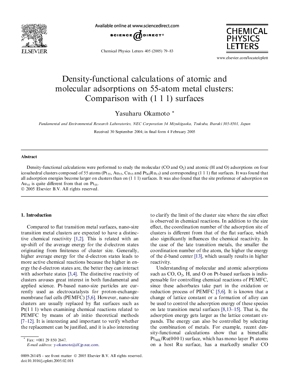عکس صفحه اول مقاله: Density-functional calculations of atomic and molecular adsorptions on 55-atom metal clusters: Comparison with (1Â 1Â 1) surfaces Density-functional calculations of atomic and molecular adsorptions on 55-atom metal clusters: Comparison with (1Â 1Â 1) surfaces