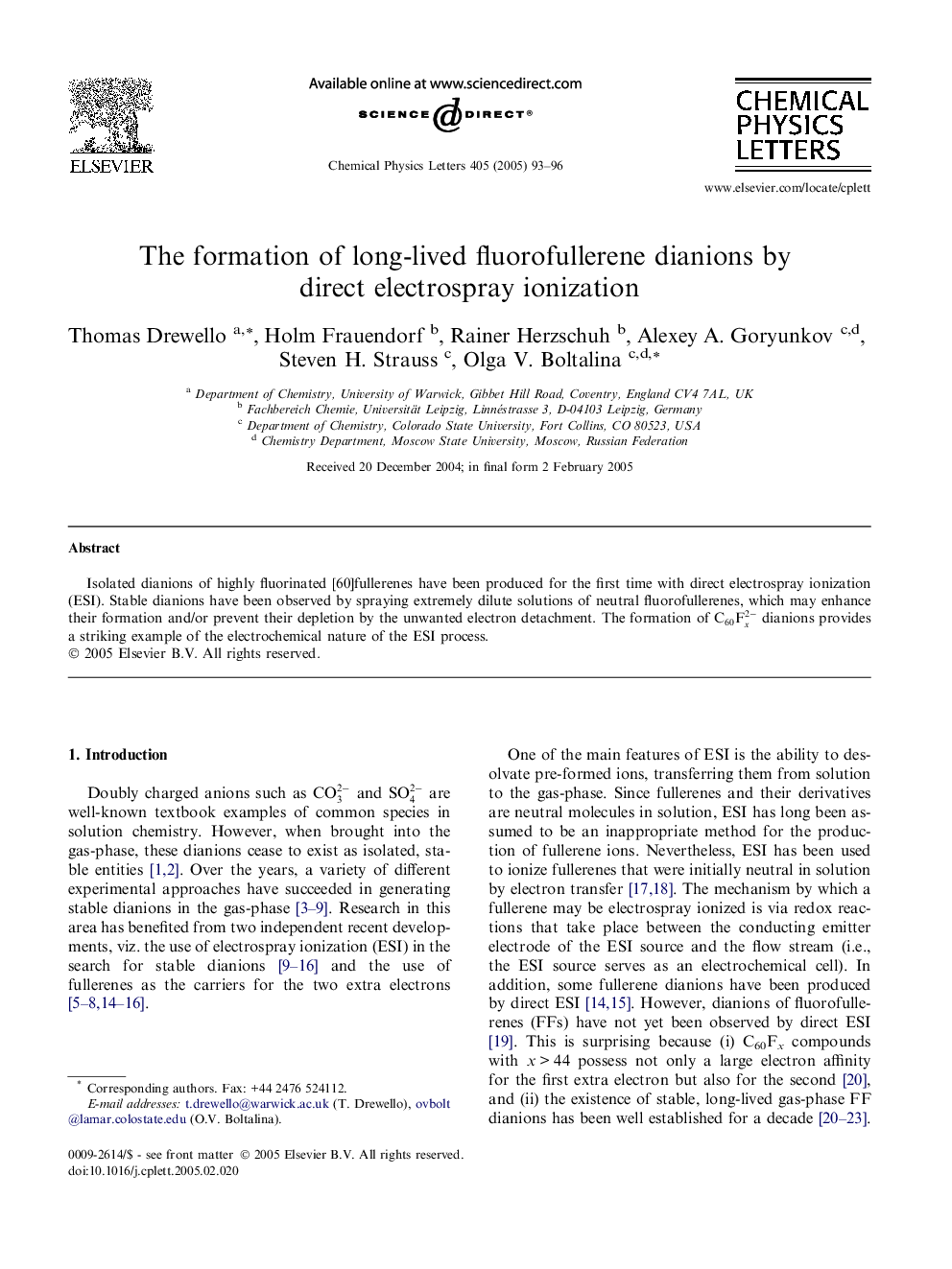 The formation of long-lived fluorofullerene dianions by direct electrospray ionization