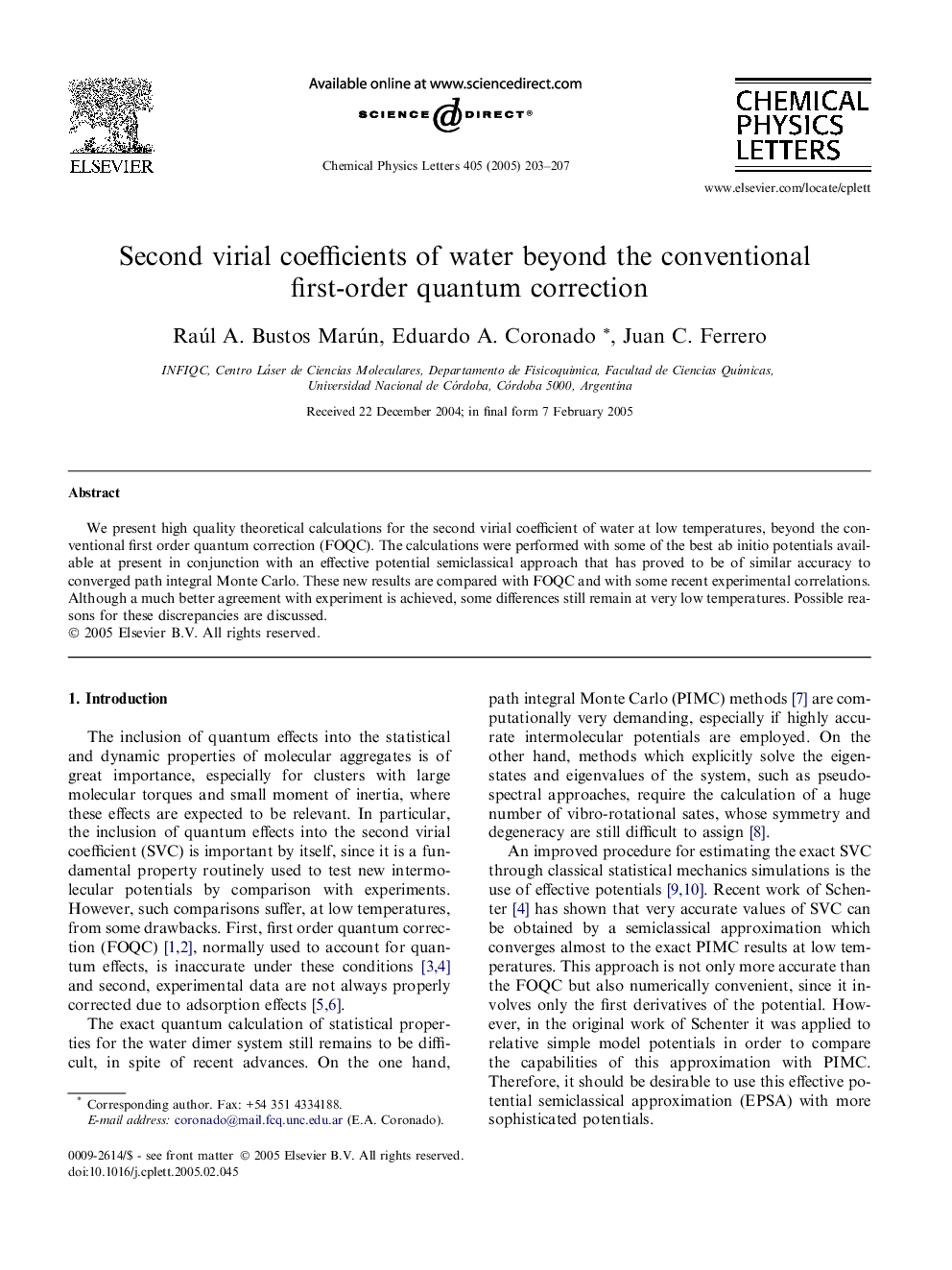 عکس صفحه اول مقاله: Second virial coefficients of water beyond the conventional first-order quantum correction Second virial coefficients of water beyond the conventional first-order quantum correction