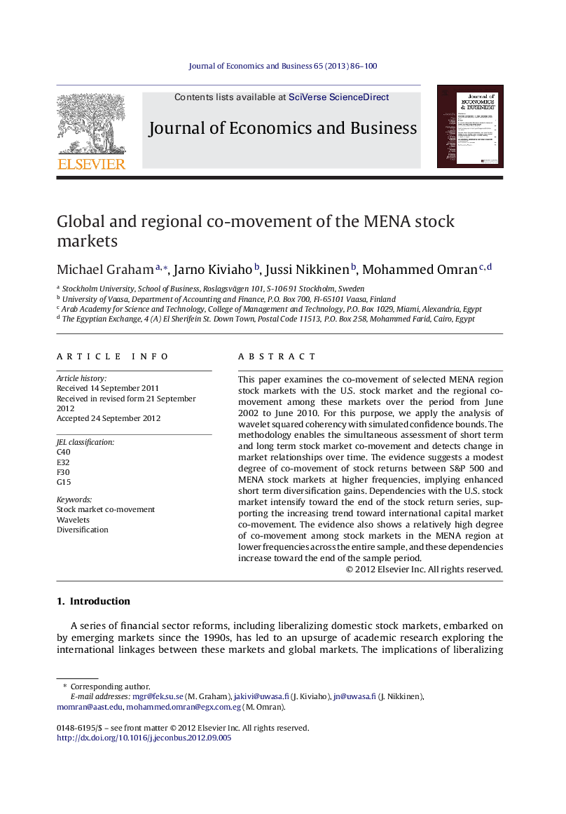 Global and regional co-movement of the MENA stock markets