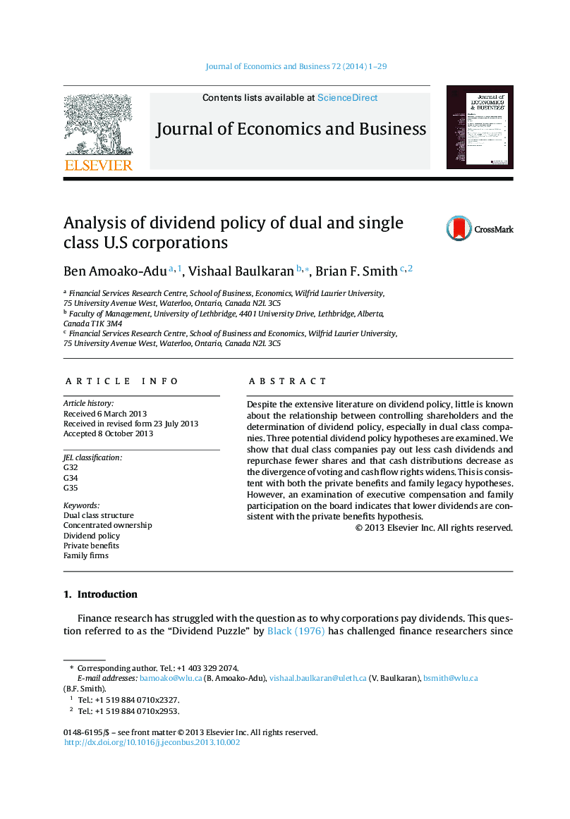 Analysis of dividend policy of dual and single class U.S corporations