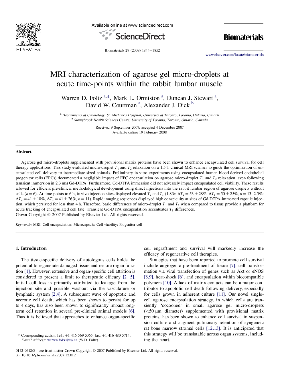 MRI characterization of agarose gel micro-droplets at acute time-points within the rabbit lumbar muscle