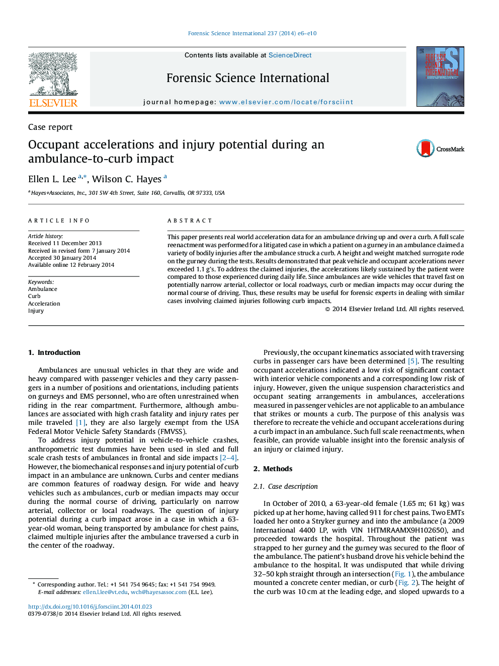 Occupant accelerations and injury potential during an ambulance-to-curb impact