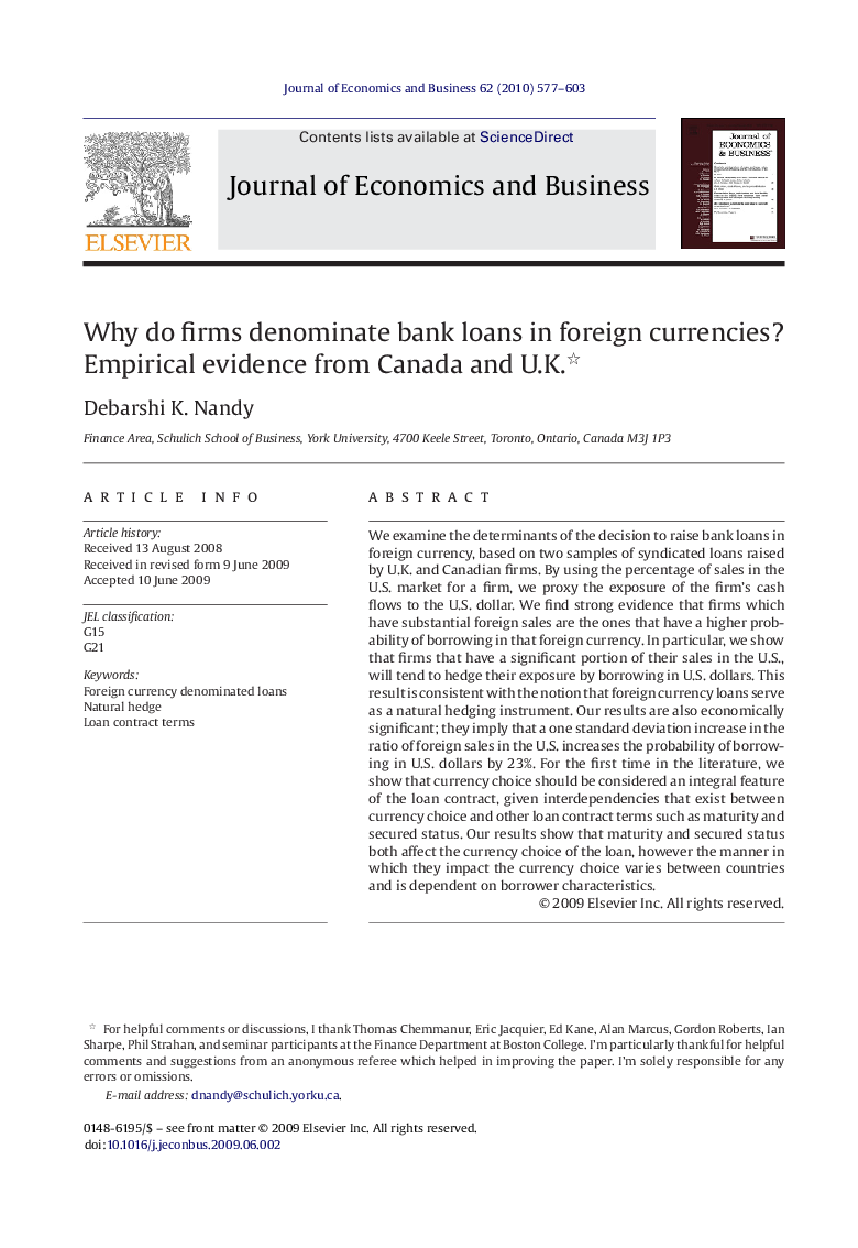 Why do firms denominate bank loans in foreign currencies? Empirical evidence from Canada and U.K. 