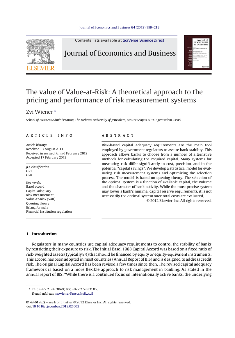 The value of Value-at-Risk: A theoretical approach to the pricing and performance of risk measurement systems