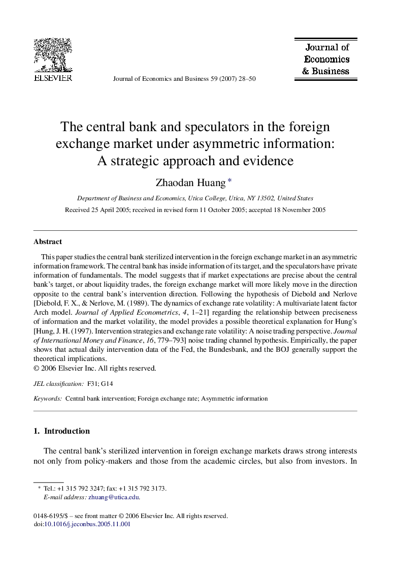 The central bank and speculators in the foreign exchange market under asymmetric information: A strategic approach and evidence