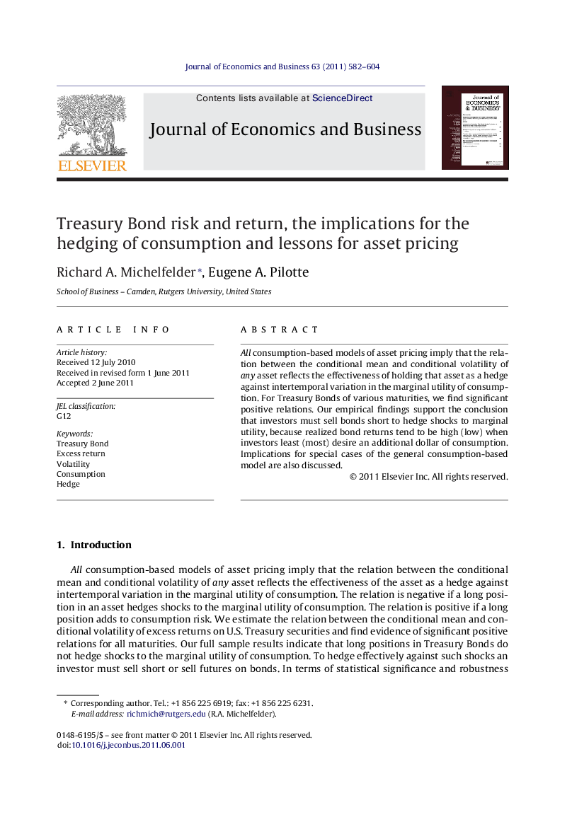 Treasury Bond risk and return, the implications for the hedging of consumption and lessons for asset pricing