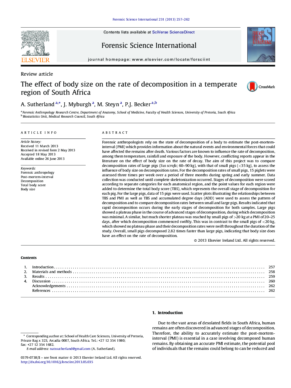 The effect of body size on the rate of decomposition in a temperate region of South Africa