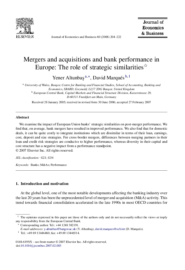 Mergers and acquisitions and bank performance in Europe: The role of strategic similarities 