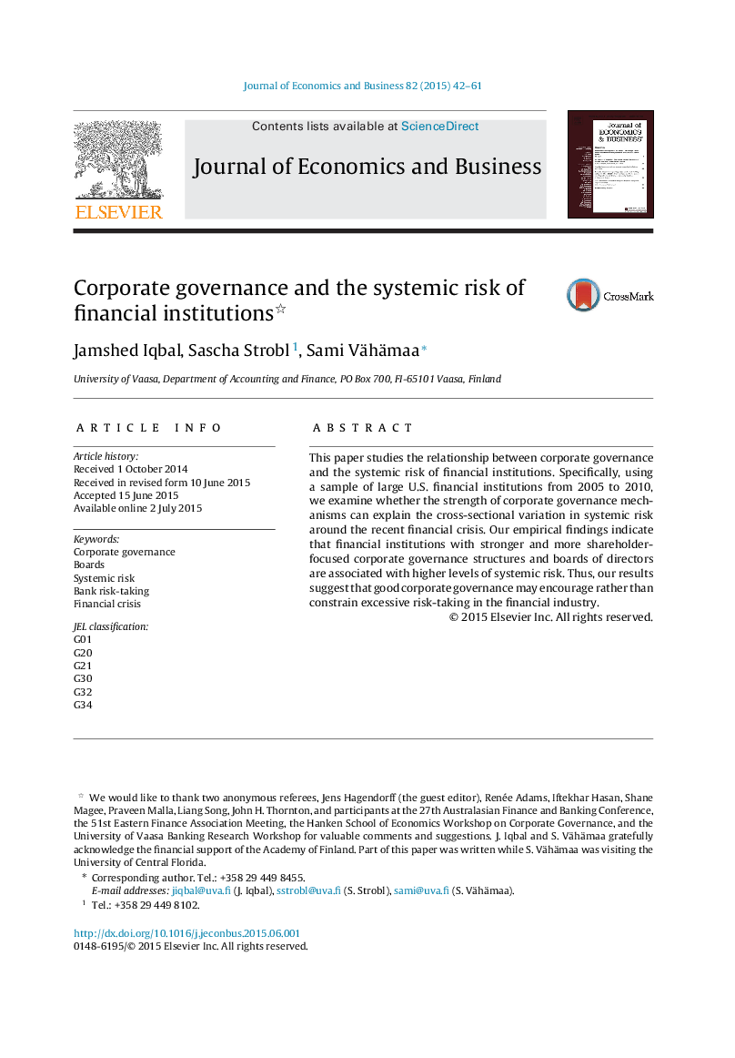 Corporate governance and the systemic risk of financial institutions 