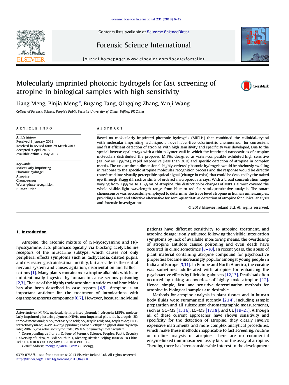 Molecularly imprinted photonic hydrogels for fast screening of atropine in biological samples with high sensitivity