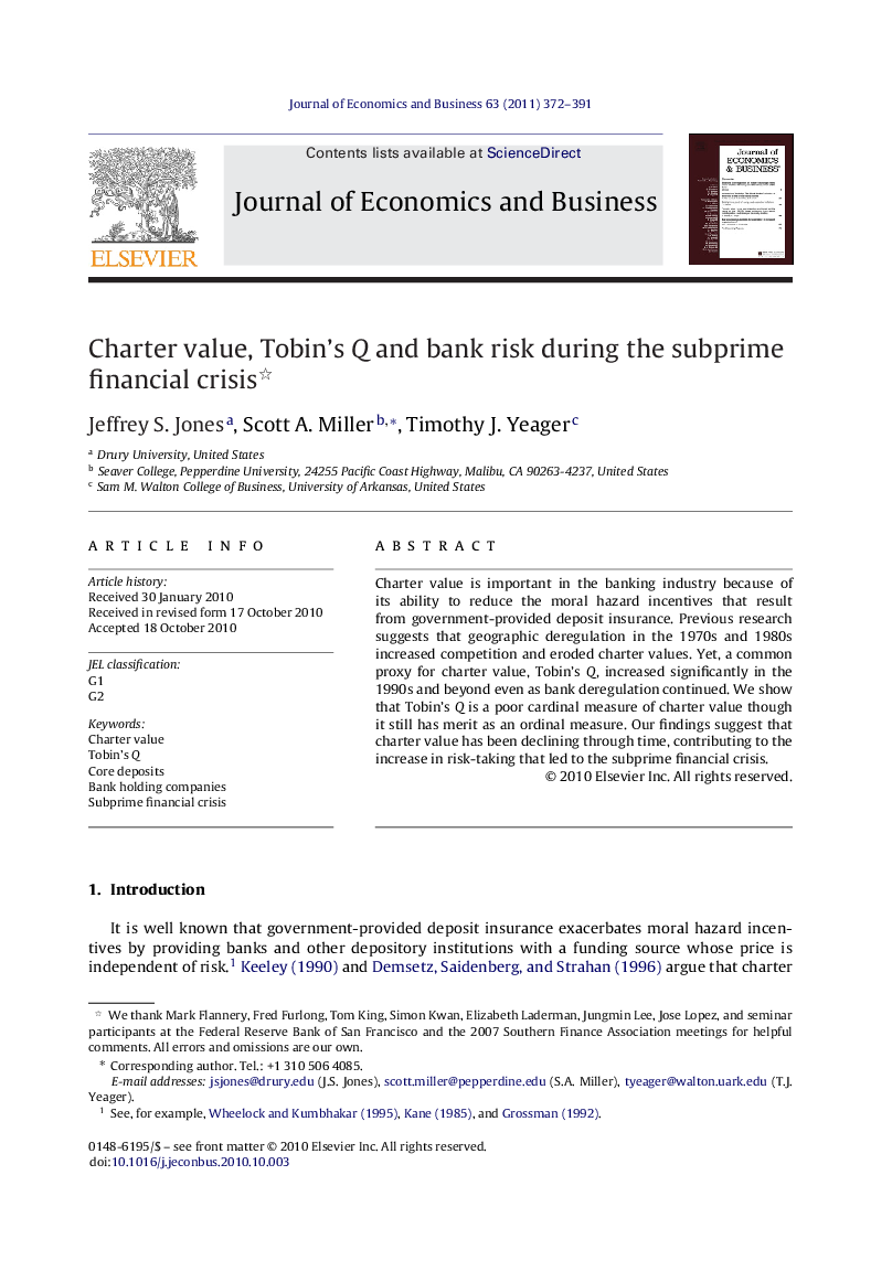 Charter value, Tobin's Q and bank risk during the subprime financial crisis 