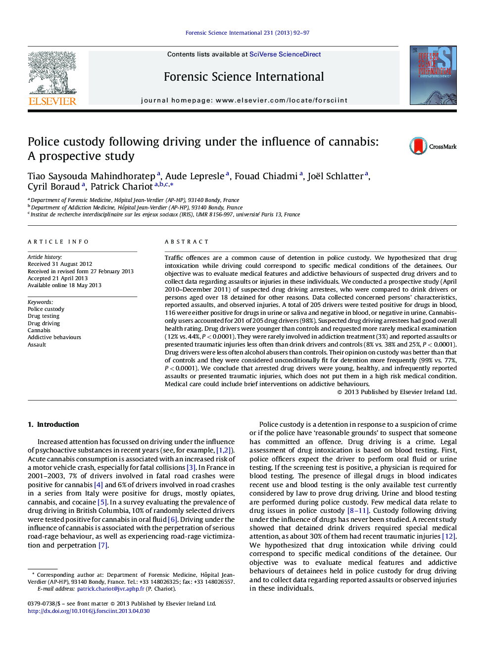 Police custody following driving under the influence of cannabis: A prospective study